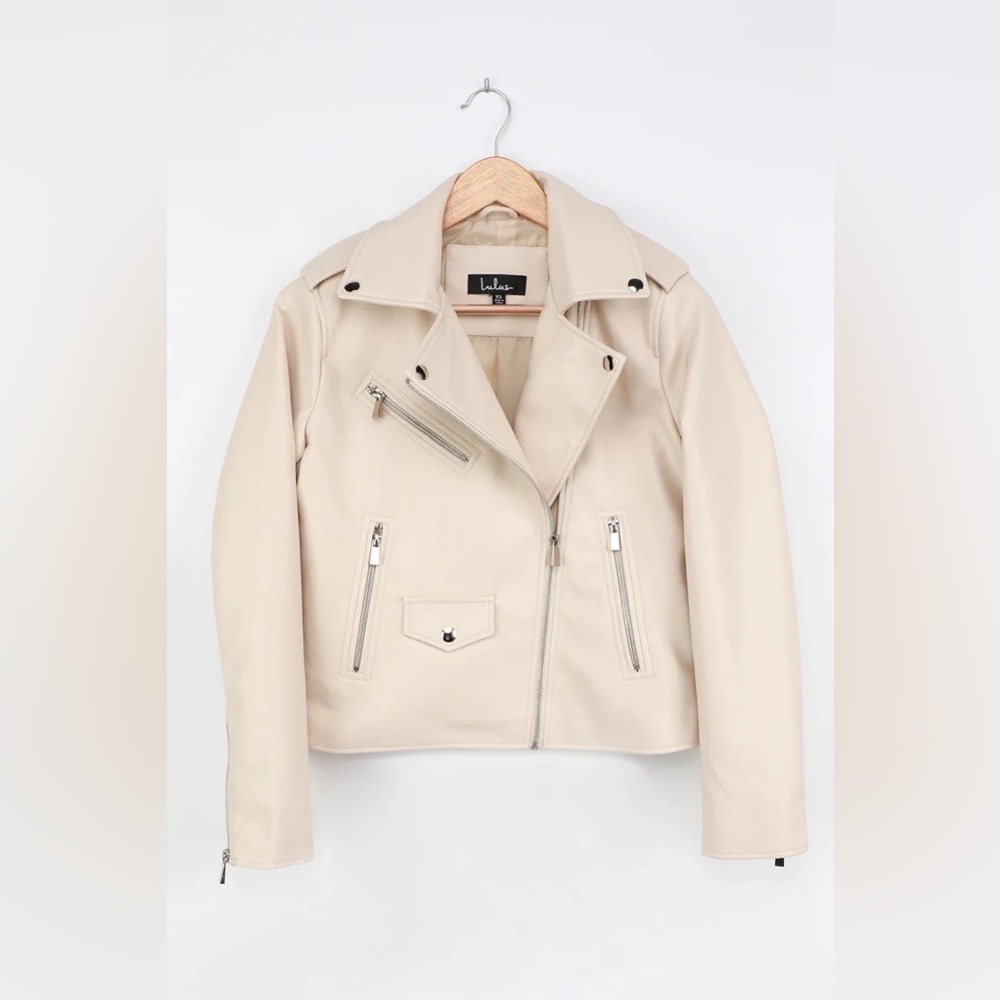 LULUS Out for the Night Beige Vegan Leather Moto Jacket - Picture 4 of 8